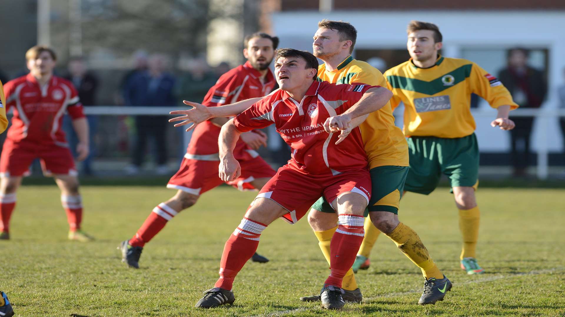 Luke Harvey battles for space during Hythe's 4-0 win over Horsham Picture: Gary Browne