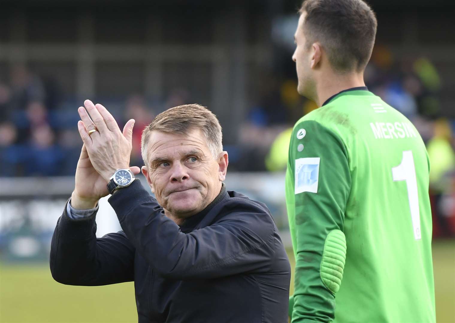 Dover Athletic manager Andy Hessenthaler acknowledges the Crabble fans on Sunday Picture: Tony Flashman.