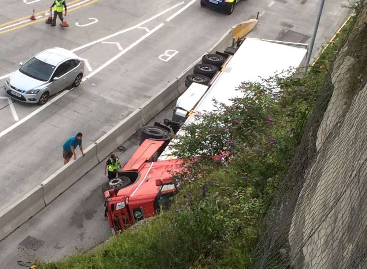 The overturned lorry at the entrance to Eastern Docks, Dover. Picture: @dover_seagull