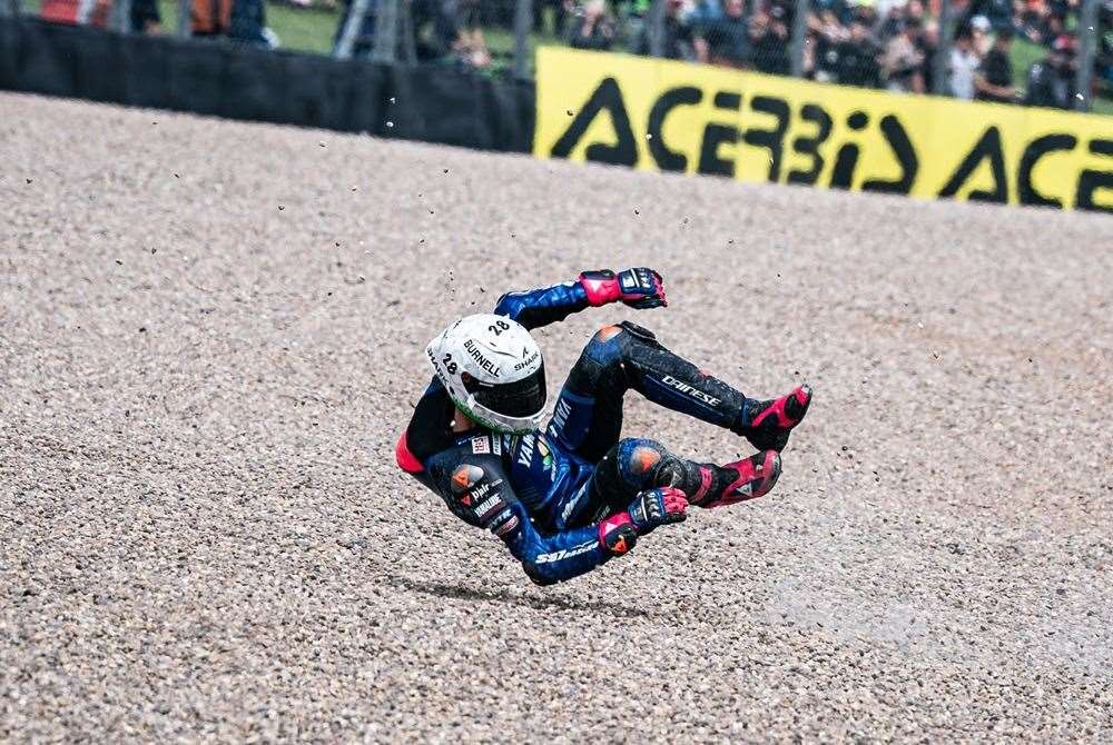 Lydd's Bradley Ray ends up in the Donington gravel. Picture: Giulio di Natale