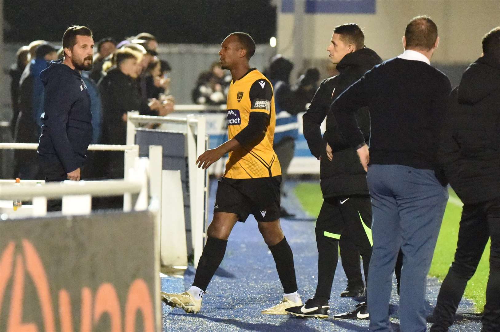 Maidstone captain Gavin Hoyte makes his way off. Picture: Steve Terrell
