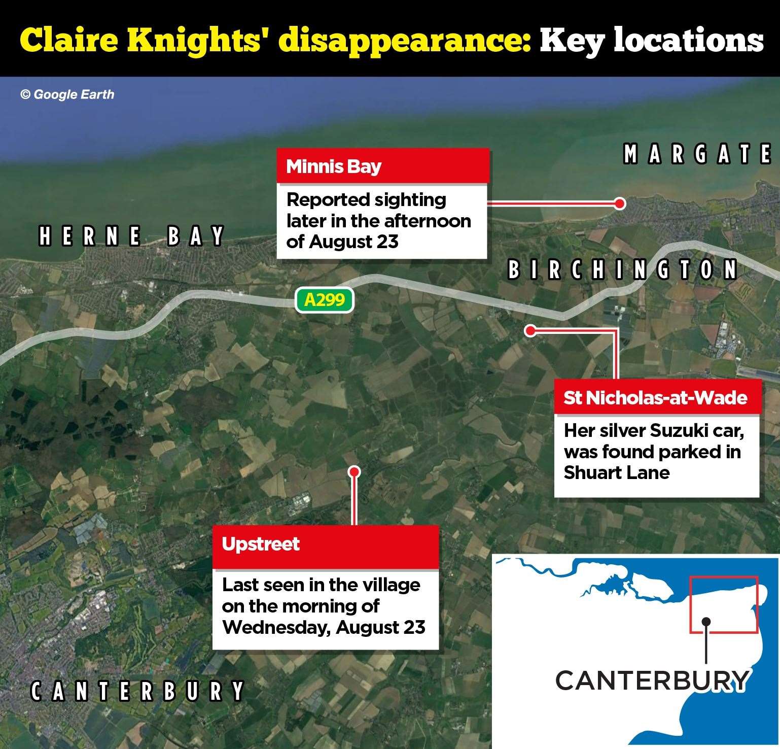 The key locations currently known in the disappearance of Claire Knights