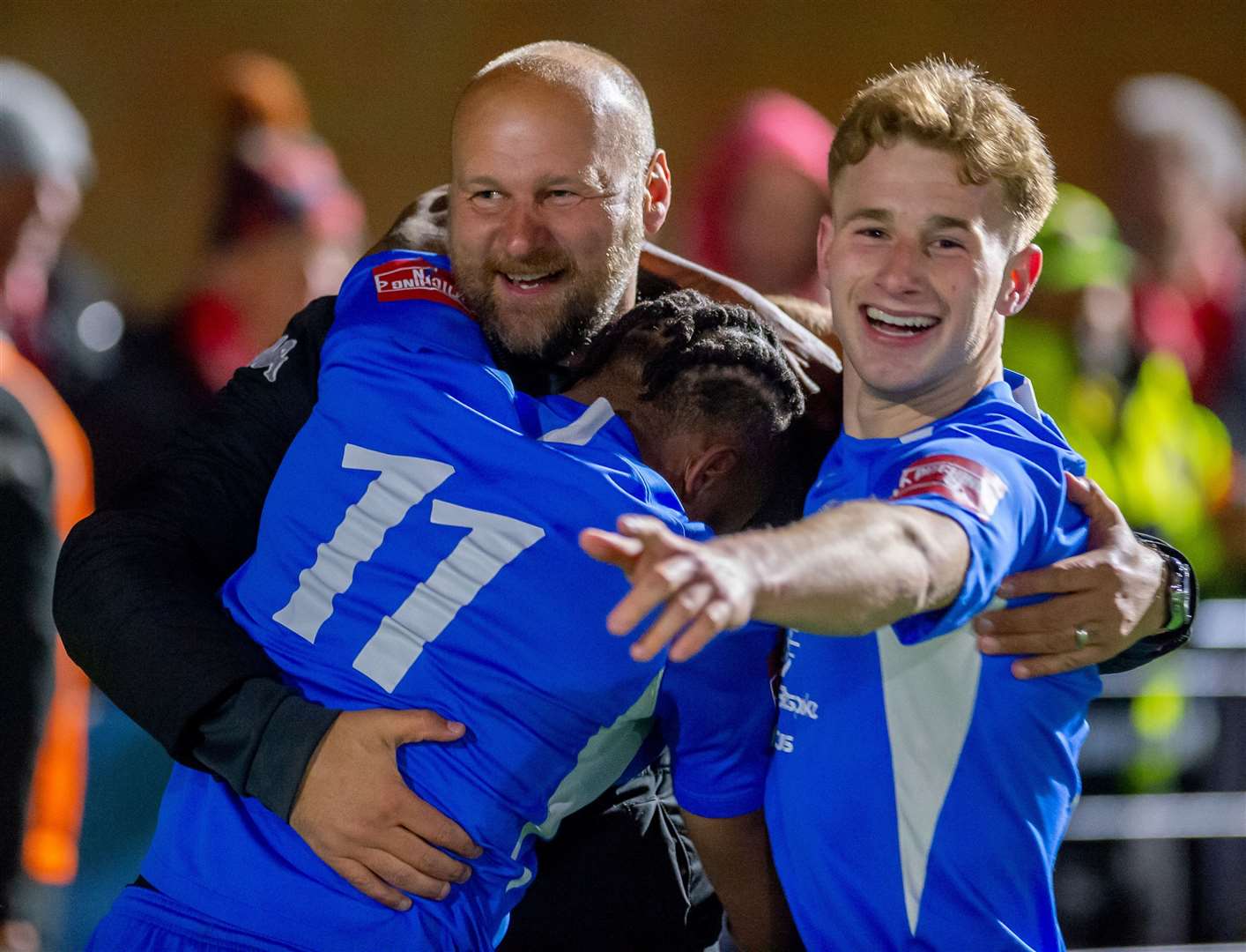 Hythe boss Steve Watt celebrates with Shad Nagandu and Ethan Smith after the Cannons reach last season’s play-off final. Picture: Ian Scammell