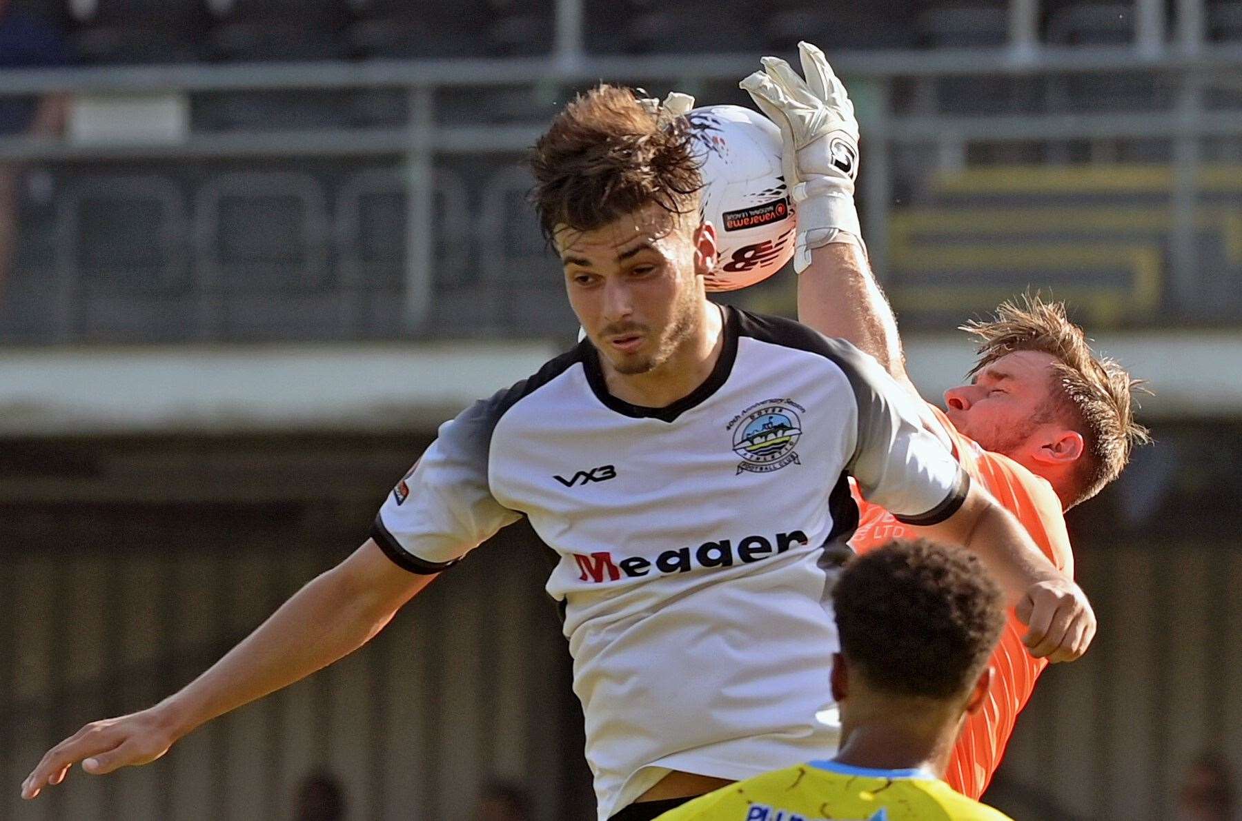Dover striker George Nikaj – scored the winner but was also sent off in a dramatic ending to Whites’ 1-0 weekend win over Slough. Picture: Stuart Brock