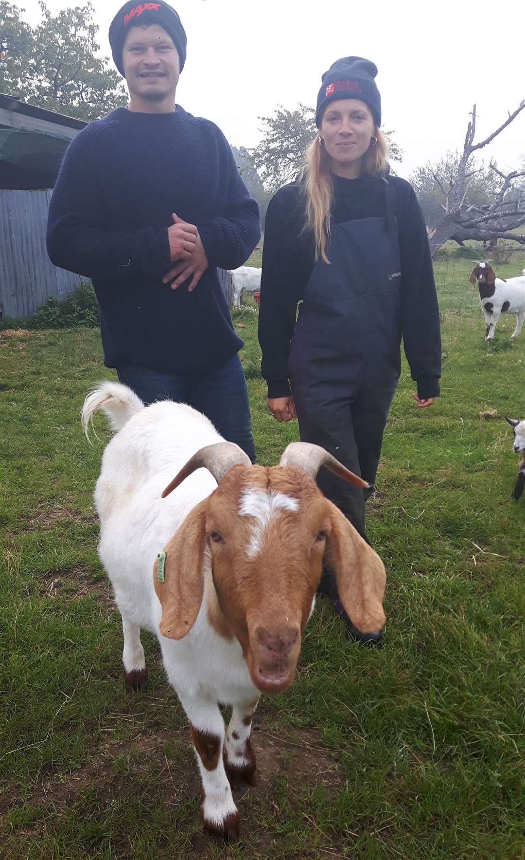 Chris Woodhead and Zoe Colville with one of their Boer goats