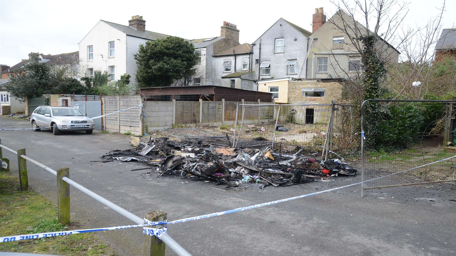 Burnt out remains of caravan Broomfield Crescent Cheriton, Folkestone. Picture: Gary Browne