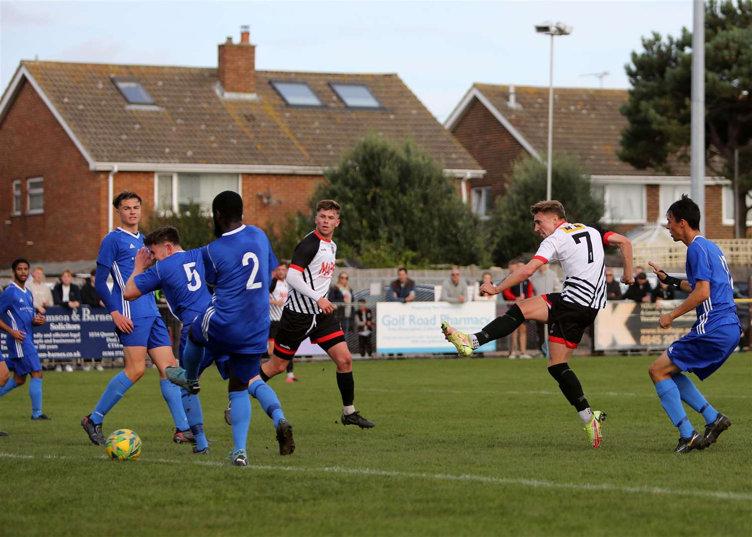 Tom Chapman fires home to complete his Deal Town hat-trick. Picture: Paul Willmott