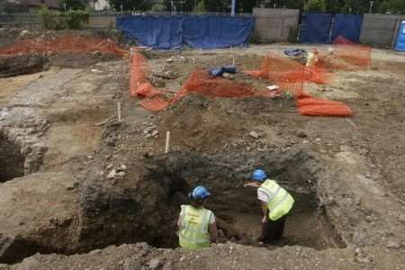 The construction site in St Peter's Street, Maidstone, where the remains of mediavel human bones were uncovered. Picture by: John Westhrop