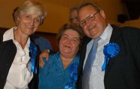 CELEBRATION TIME FOR TORIES: Anita Walker, who took the Abbey seat in Faversham from Peter Salmon, with Cindy Davies and group leader Andrew Bowles. Picture: MIKE SMITH
