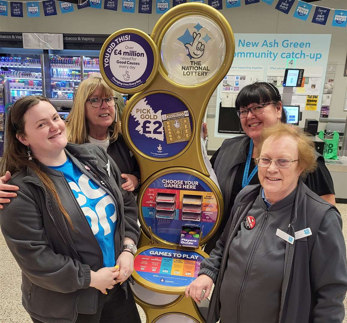 Staff at the Co-op in New Ash Green celebrated their new gold lottery stand. Photo credit: Cooperative Group Ltd