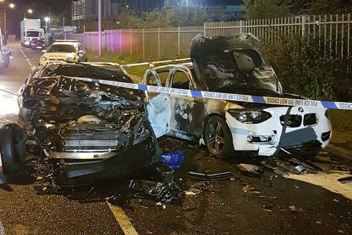 The crash on the Medway City Estate in 2019 when two cars caught fire
