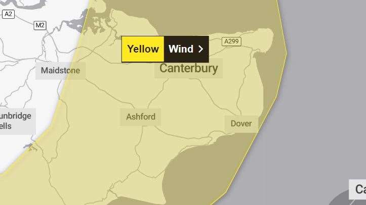 A yellow weather warning is in place across parts of Kent. Picture: Met Office