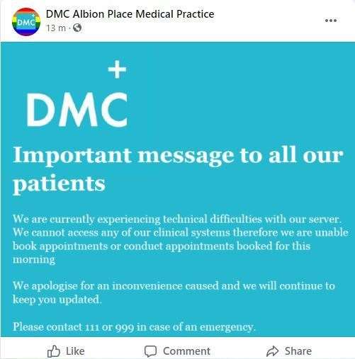A message about the problem posted on the Albion Place Medical Practice Facebook page