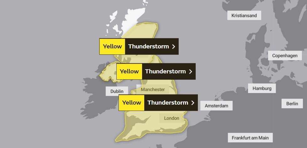 A yellow weather warning for Thunderstorms has been issued by the Met Office. Picture: Met Office