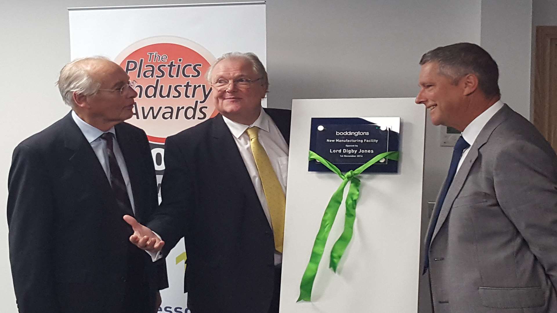 Lord Digby Jones, centre, declares the £4.6 million Boddingtons Plastics factory open