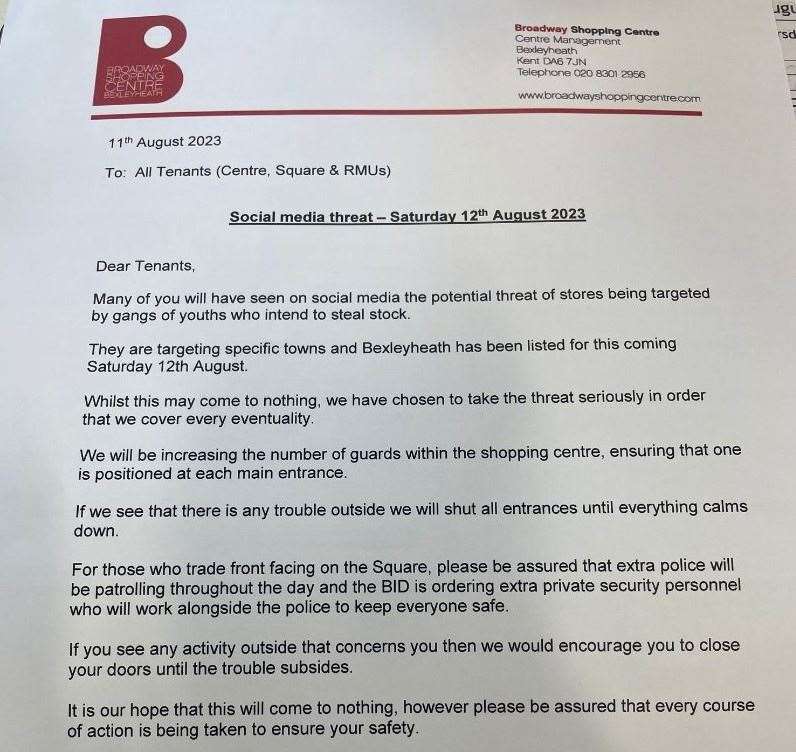 A letter allegedly sent to tenants at Broadway Shopping Centre, Bexleyheath