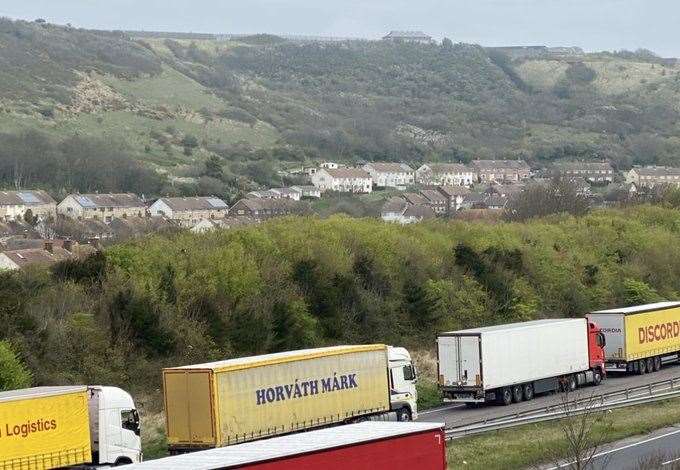 Queuing lorries on the approach to the Port of Dover. Picture: @NatalieElphicke