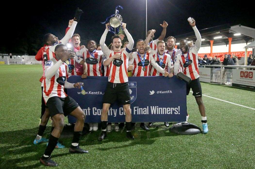 Sheppey United celebrate their Trophy win. Picture: PSP Images
