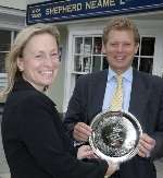 Geraldine Allinson, chairman of the Kent Messenger media group presents Jonathan Neame, chief executive of Shepherd Neame, with an engraved salver to thank the brewer for its support of the charity event KM Big Quiz.