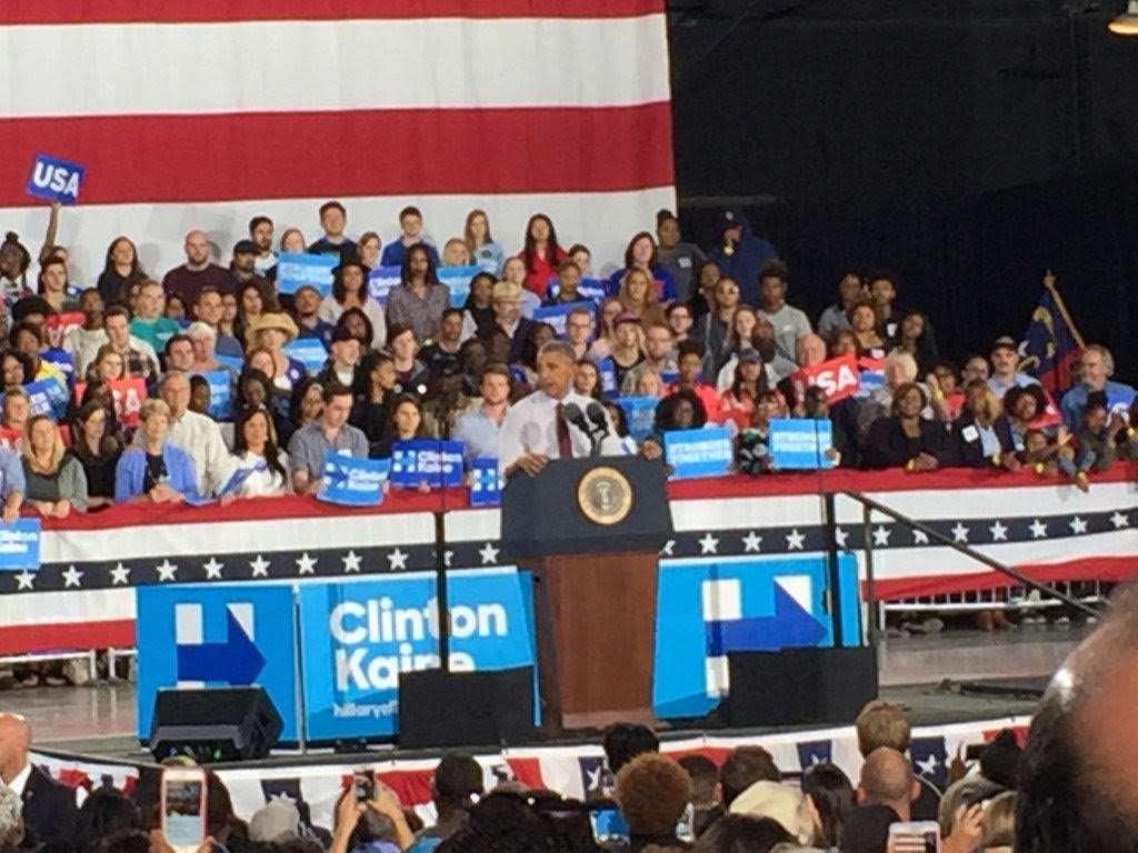 A highlight of the trip has been meeting President Obama, pictured here at a campaign rally in North Carolina
