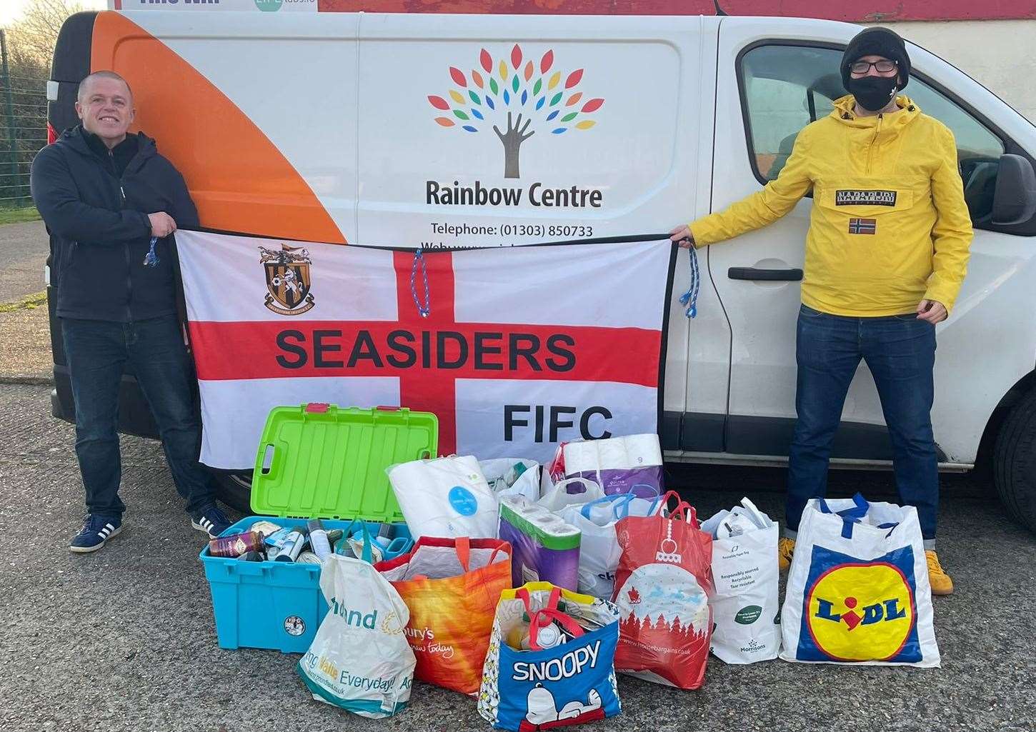 Folkestone Invicta fans Adam Davidson and Anthony Hassan deliver to the Shepway Foodbank