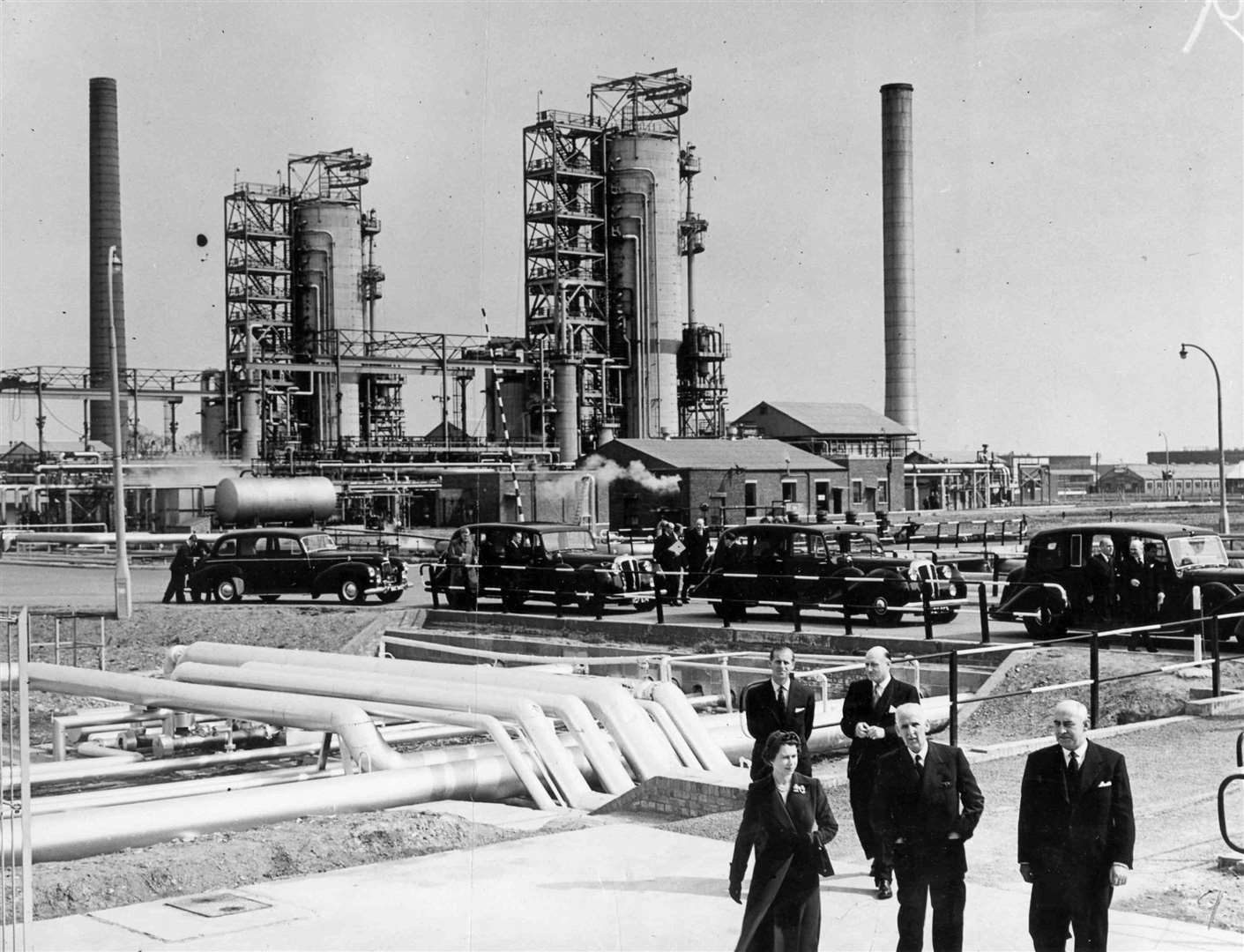 The Queen and Prince Philip were shown around the BP refinery at the Isle of Grain in April 1955. It was commissioned two years earlier and had a maximum processing capacity of 11 million tonnes of crude oil per year. It was decommissioned in 1982
