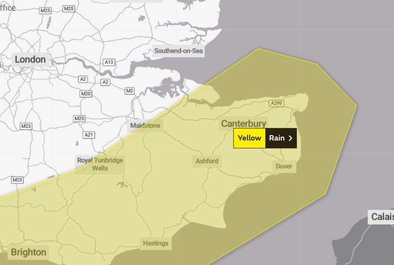 The warning covers two-thirds of Kent. Photo: Met Office