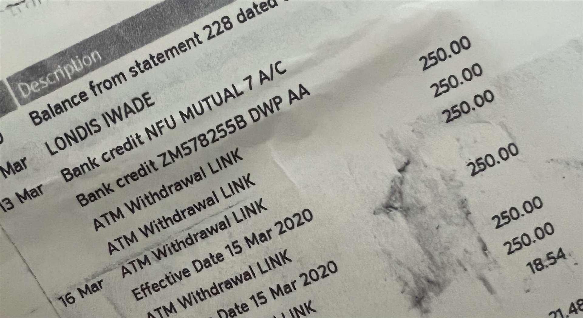 Ann Baldock's bank statements show Gemma Day's withdrawals from her account