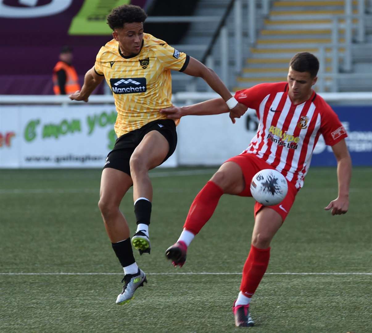 Versatile defender Will Moses, pictured in pre-season action at Maidstone, has stepped up for Invicta in the absence of Ian Gayle and has made a good start to the season. Picture: Steve Terrell
