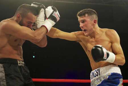 Adam Dinsdale, right, in action in his lightweight bout with Ibrar Riyaz at Bluewater