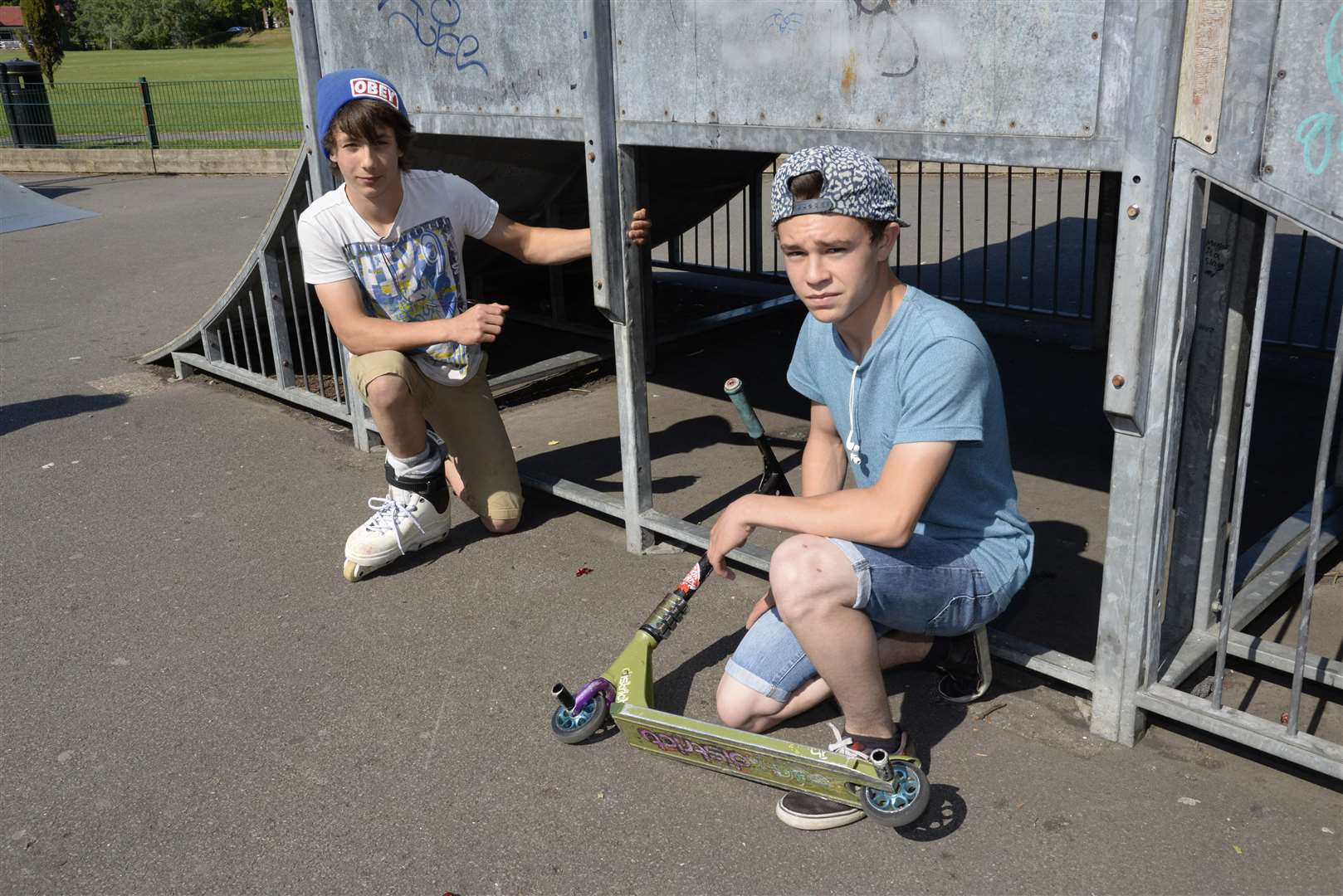 Charlie Potter, 15 and Jack Beadle, 14 with the missing grill on part of the equipment at the skate park at the Butts Recreation Ground