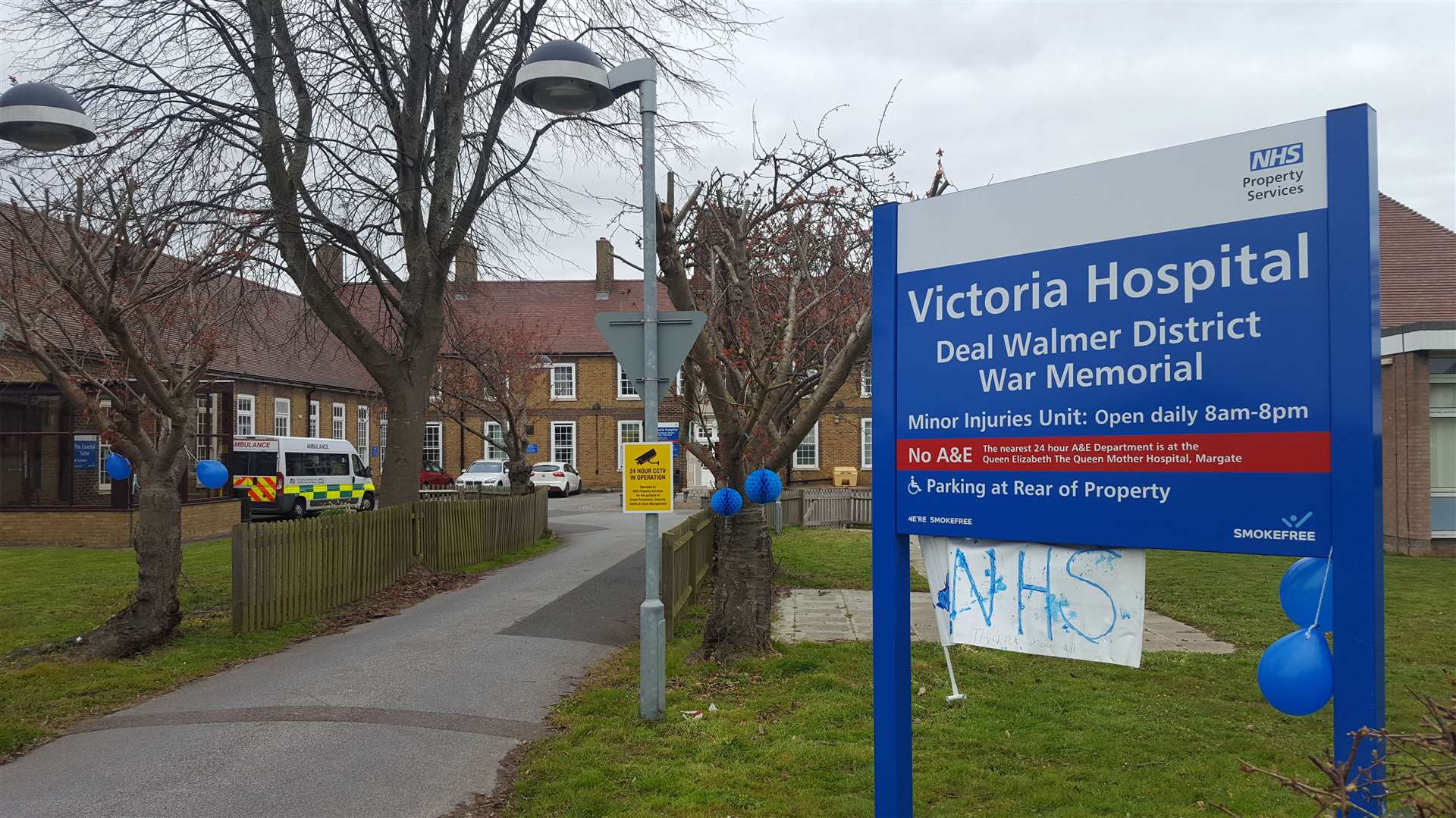 Blue decorations and a poster were placed outside the hospital on the same evening as Clap for Carers Picture: Jim Wheeler