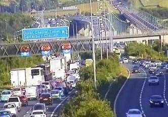 Traffic cameras show queuing traffic on M2 Medway Bridge coastbound. Photo: Highways England