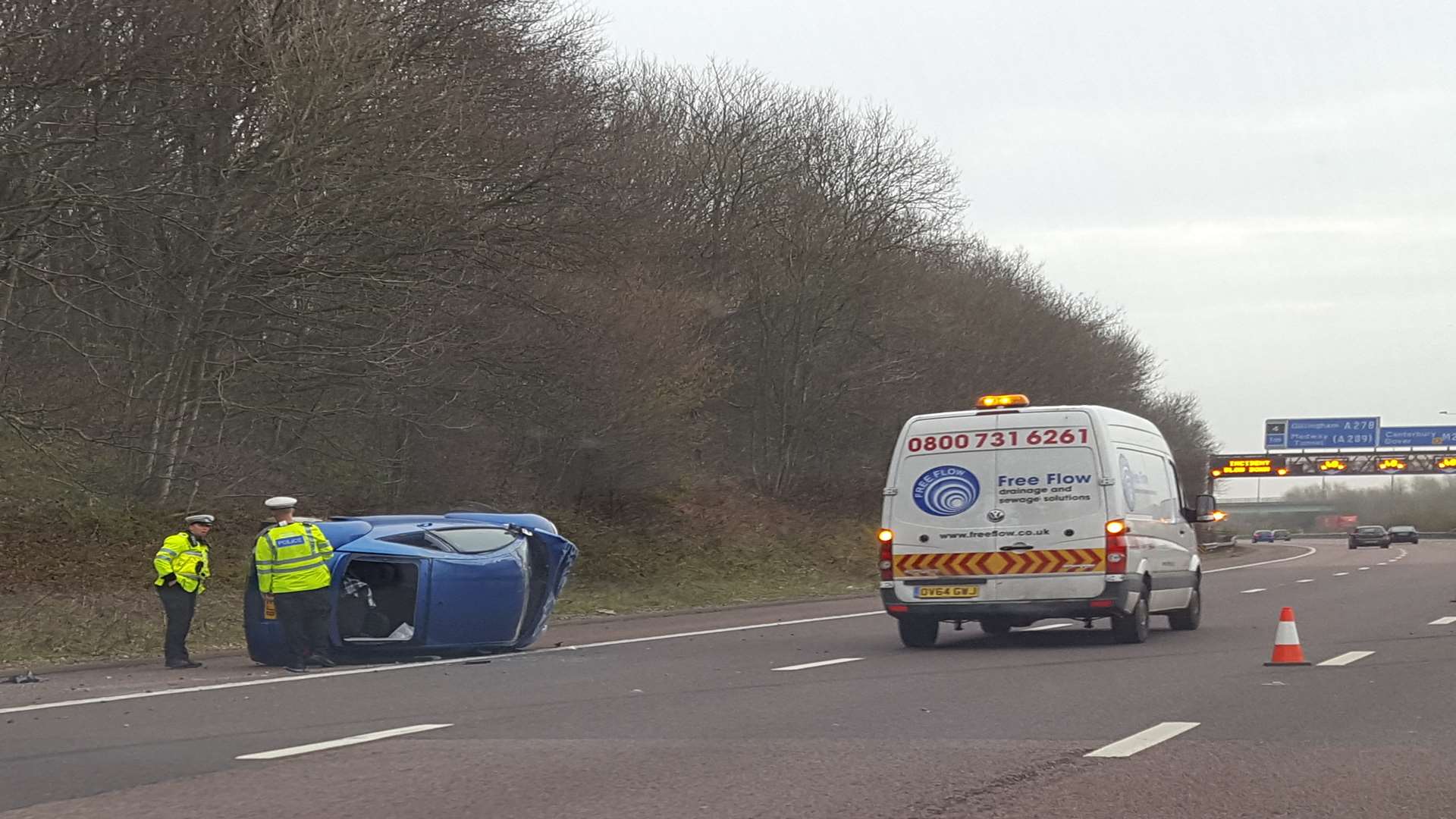 The overturned car on the M2 coast-bound
