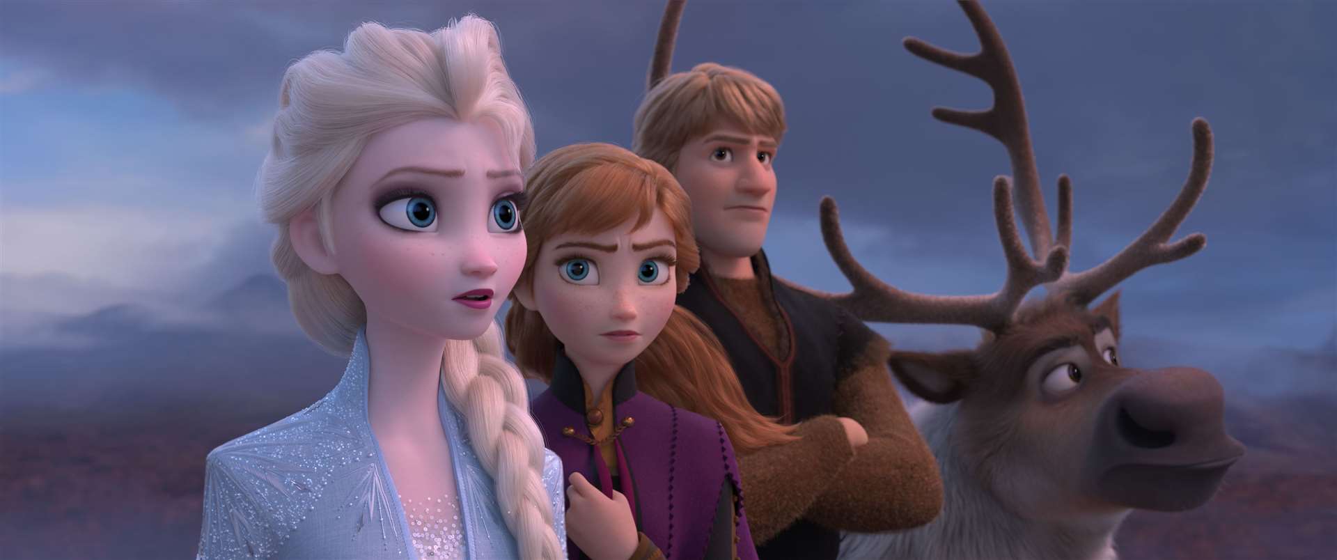 Elsa (voiced by Idina Menzel), Anna (Kristen Bell), Kristoff (Jonathan Groff) and Sven the reindeer. Picture credit: PA Photo/Disney. All Rights Reserved.