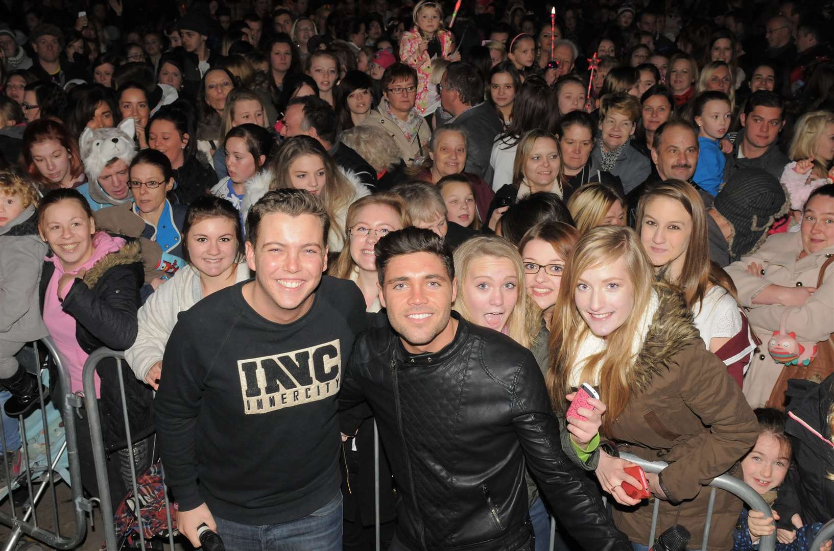 Fans with TOWIE stars Diags and Tom at the 2013 Rochester switch-on. Picture: Steve Crispe