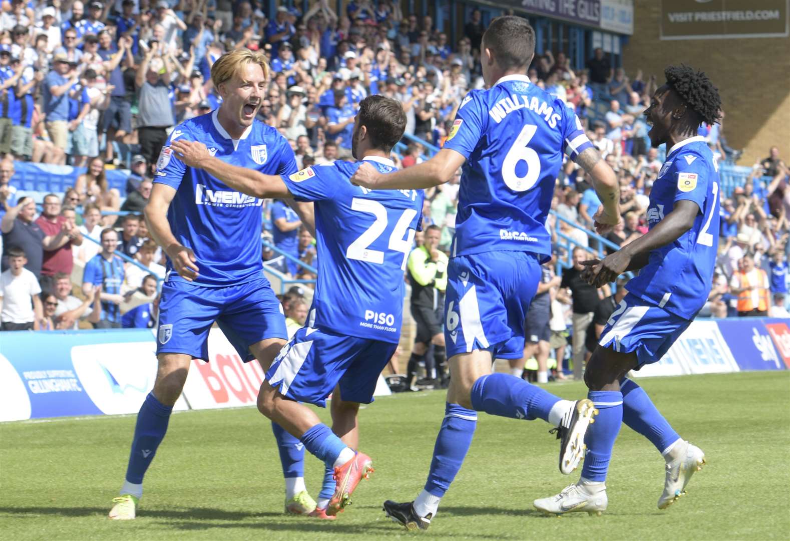 Gillingham's players celebrate after Scott Kashket scored what proved to be the winner against Rochdale on Saturday. Picture: Barry Goodwin