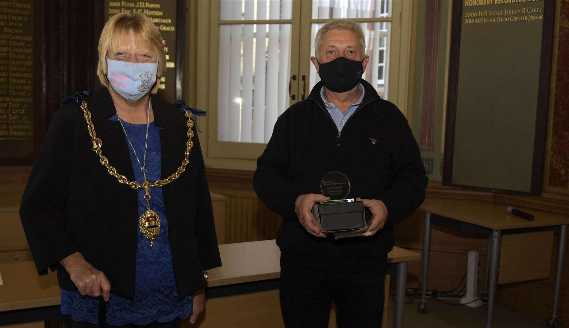 The Mayor of Maidstone Marion Ring presented Paul Mahoney with the community award on behalf of Yalding Community Volunteers. Picture: Barry Goodwin