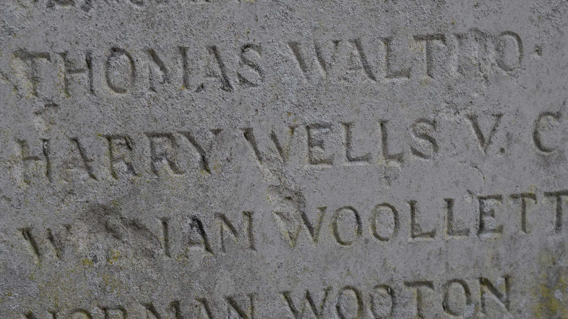 Harry Wells VC inscription on the war memorial at St Martin's Church in Herne