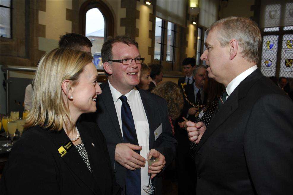 KM Group chairman Geraldine Allinson, left, and Louis Hurst, founder of Amelix, with HRH Duke of York
