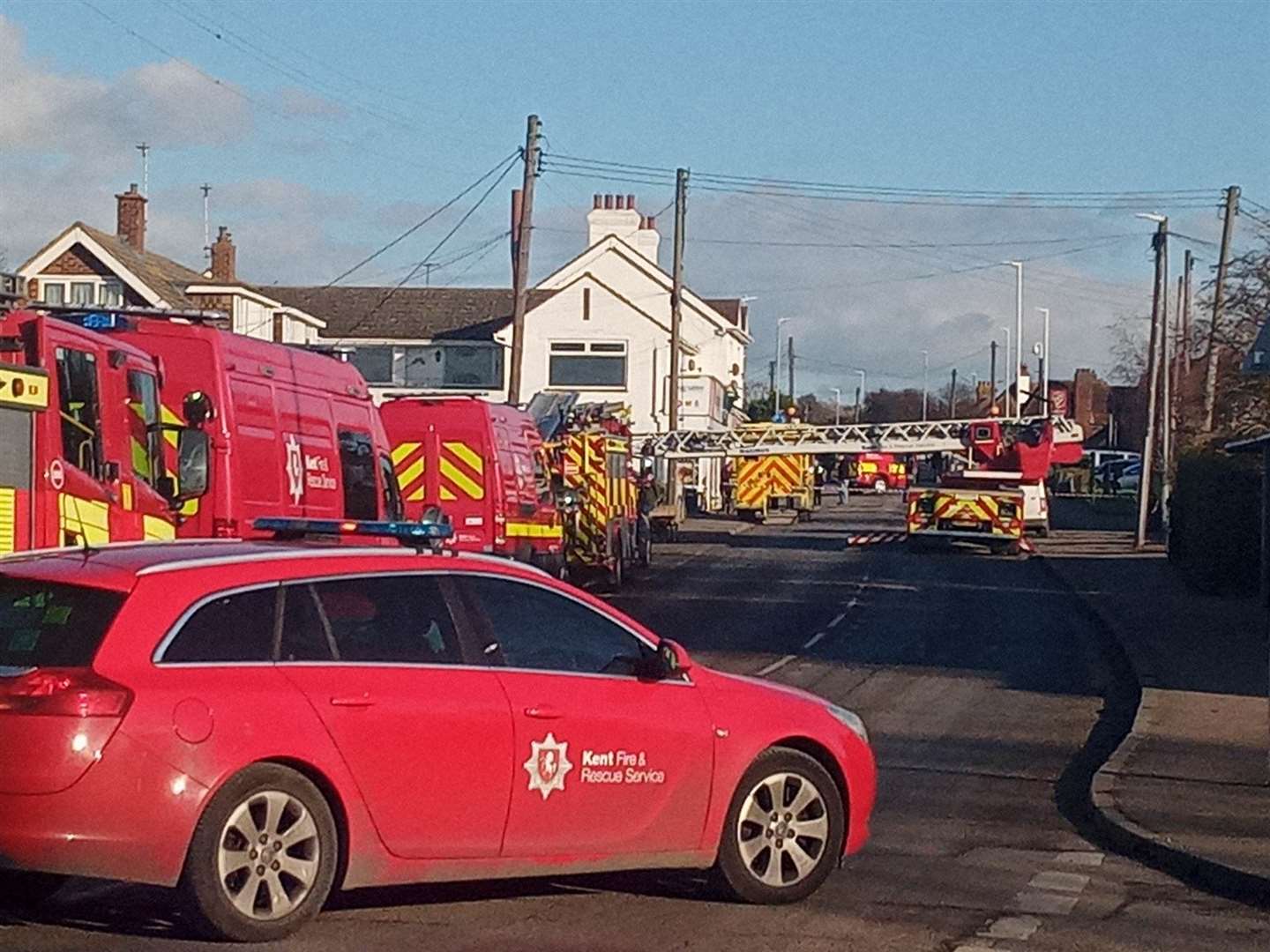 Minster Road on the Isle of Sheppey was closed while a turntable ladder from Kent Fire and Rescue was used during a medical incident. Picture: Steve Harding