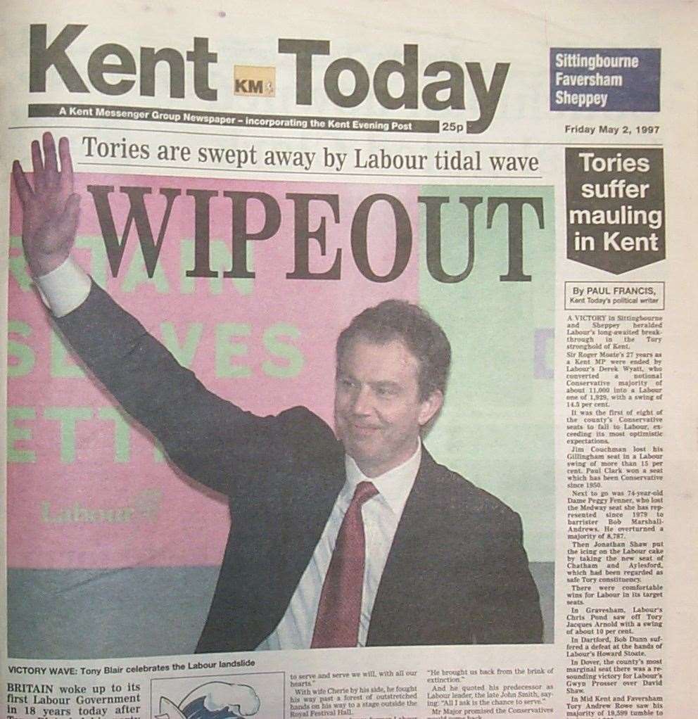 The front page of Kent Today on May 2, 1997, when Tony Blair stormed to victory