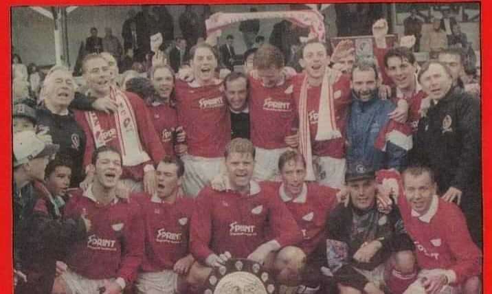 Gary Groom won two promotions with Gravesend & Northfleet and is still fondly remembered at Ebbsfleet United. He is pictured on the far right of the front row