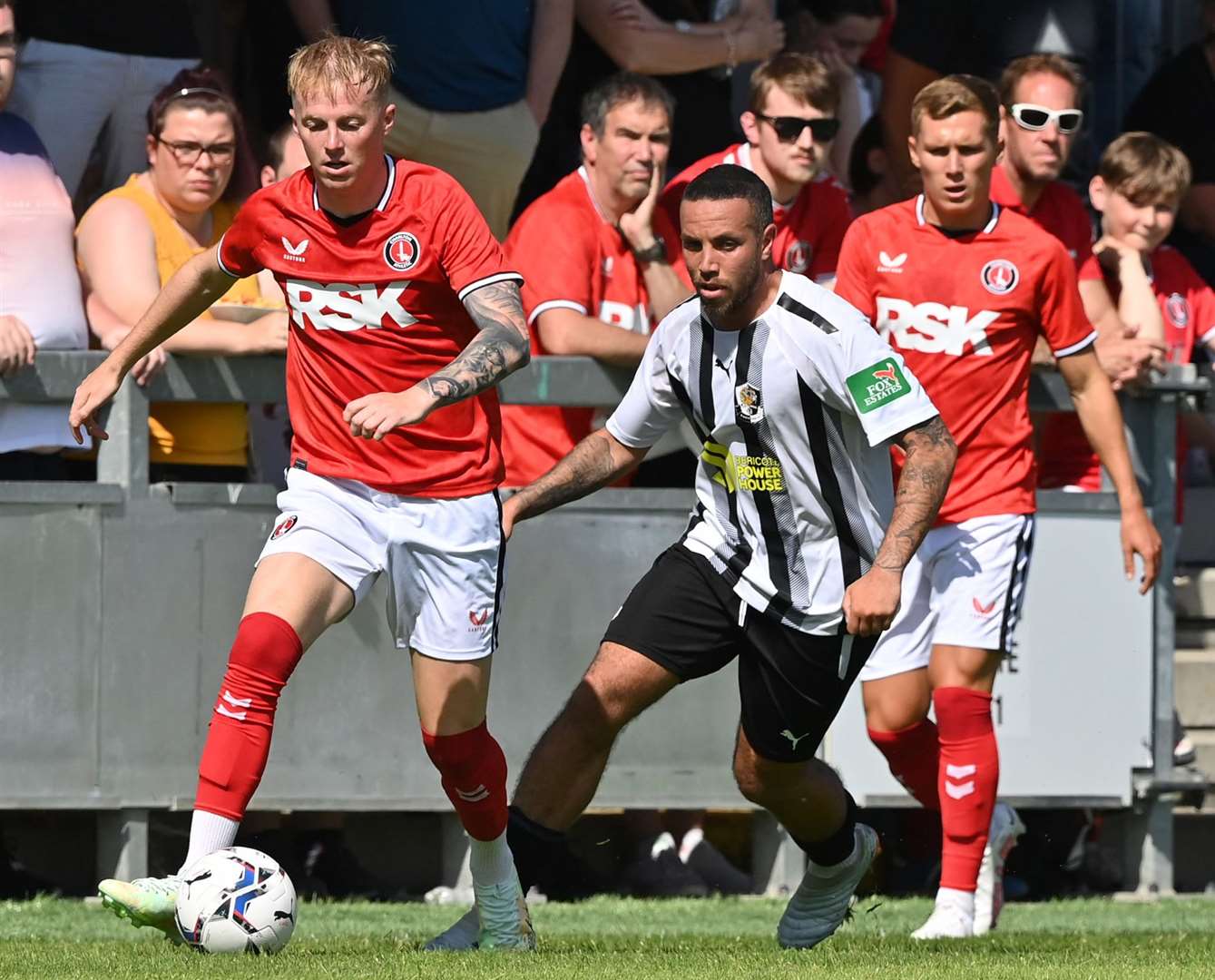 Dartford's Samir Carruthers aims to win back possession against Charlton in last Saturday's pre-season friendly. Picture: Keith Gillard