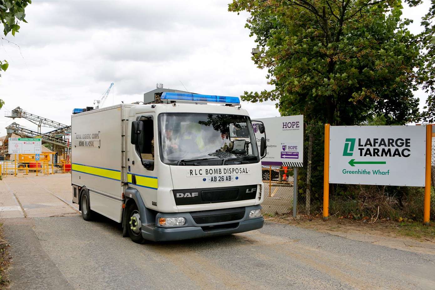 A bomb disposal unit leaves Lafarge Tarmac in Greenhithe. Picture: Matthew Walker