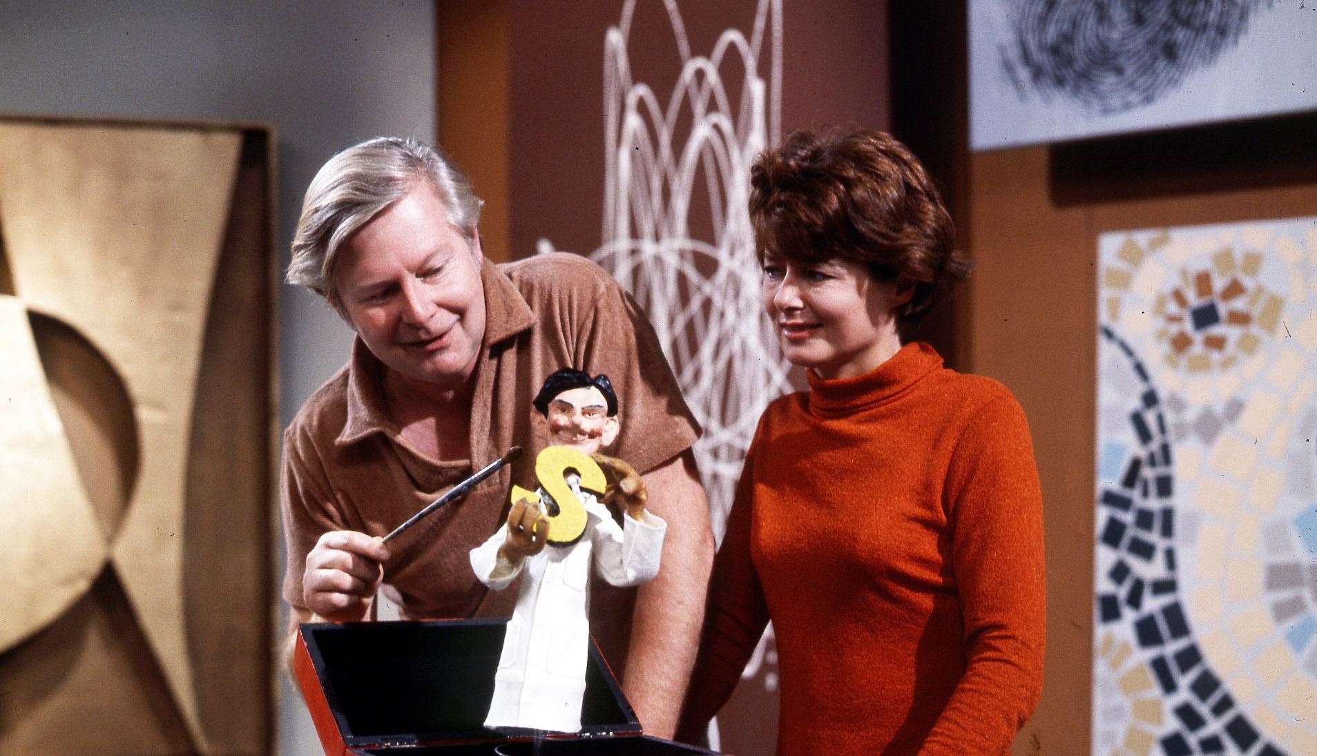 Tony Hart and Pat Keysell in a scene from Vision On, a programme for deaf children, aired in 1964