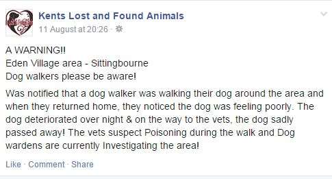 The announcement on the Kents Lost and Found Animals site
