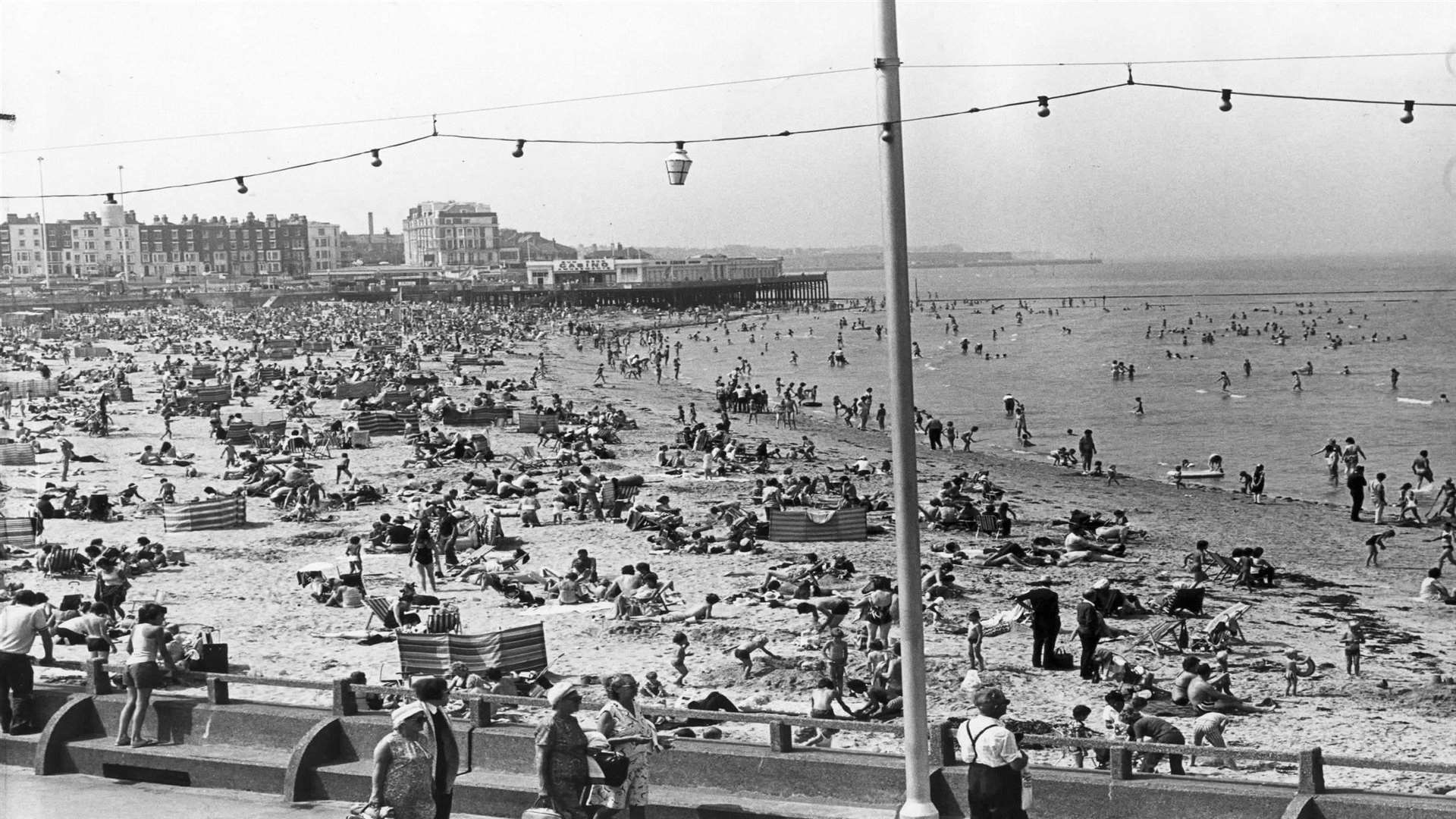 Crowds on Margate Beach in Kent in 1976