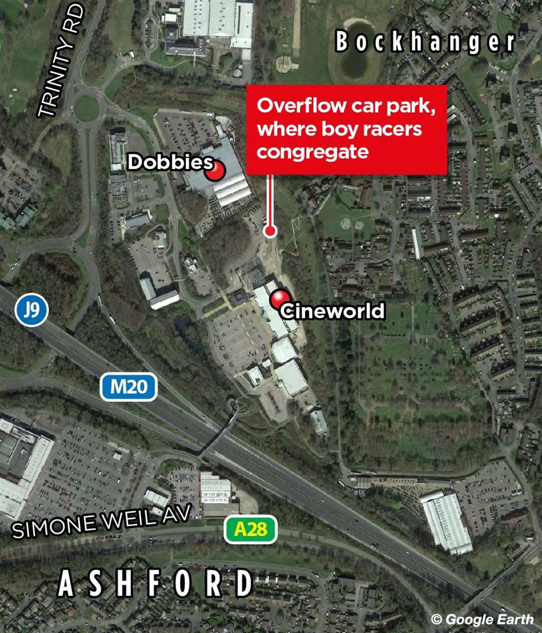The car park sits behind Pizza Hut and Cineworld on the Eureka Leisure Park