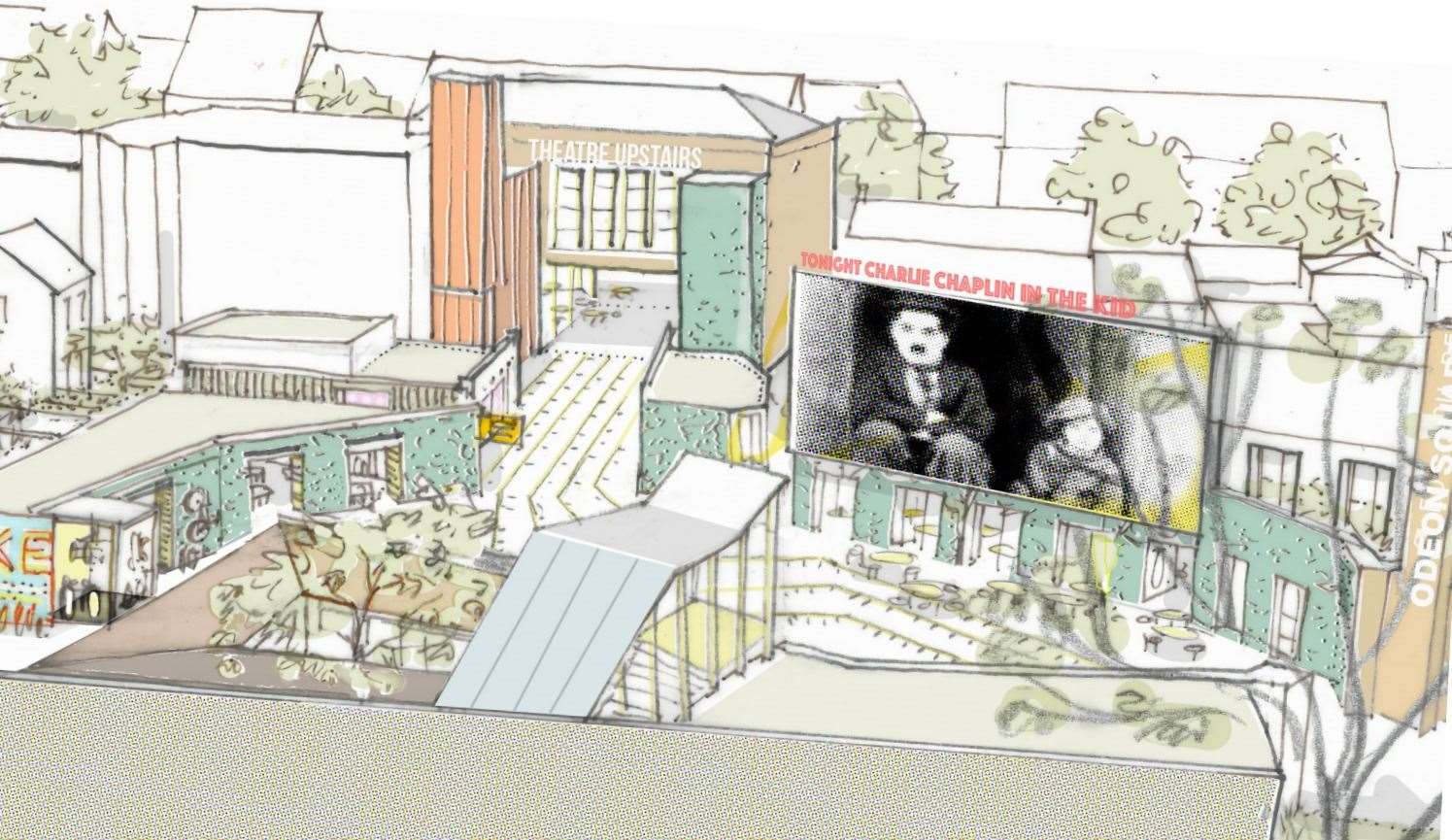 This drawing, released in early 2019, showed ABC's early plans for the Mecca Bingo site and Vicarage Lane car park, featuring an outdoor cinema screen